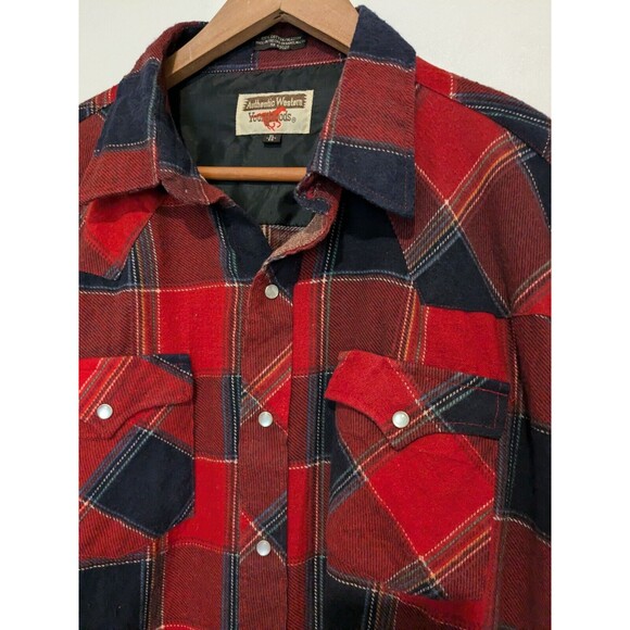 Vintage Youngbloods Western Pearl Snap Shirt Mens XL Red Blue Plaid 80s Cotton - Picture 2 of 6